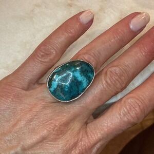 Sterling Silver 925 Turquoise Statement Ring Size‎ 7.5 Oval Stone Band